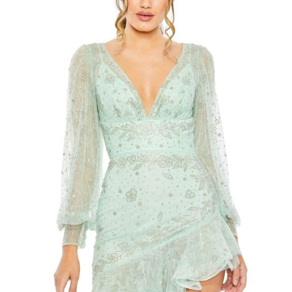 Mac Duggal Ieena Bishop Sleeve V Neck Empire High Low Dress 6 Seafoam Blue - Picture 4 of 16